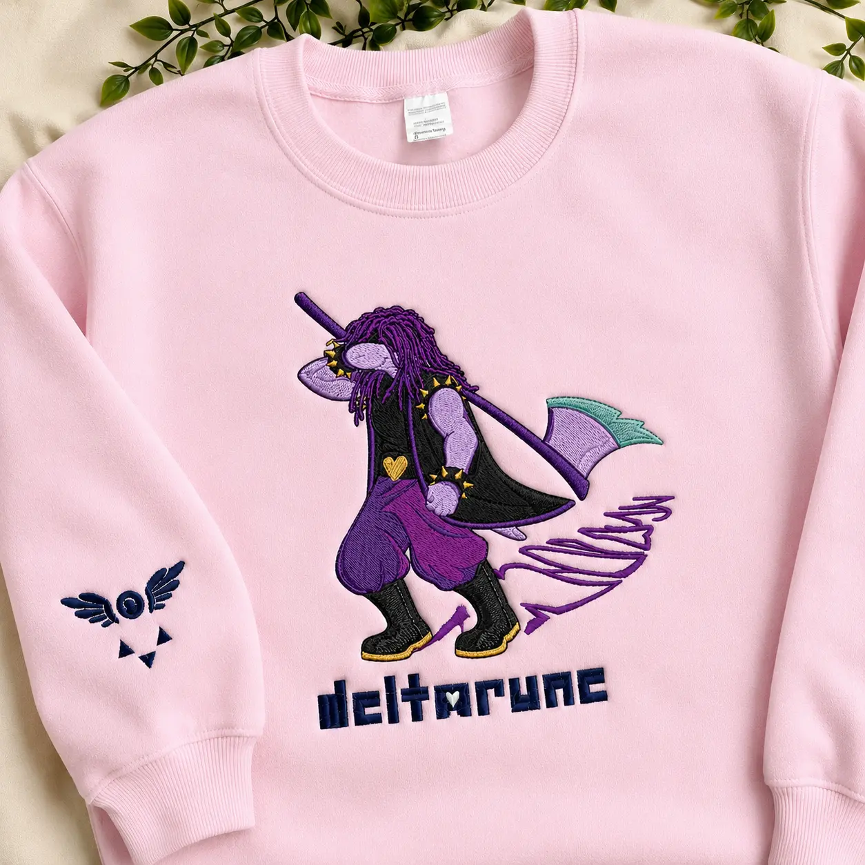 Women's Deltarune Suzie Embroidered Sweatshirts, Undertale Inspired Fan Art Crewneck, Ralsei Themed Versatile Plus Size Fashion Top, Perfect Gift for TV Time Unisex Wear