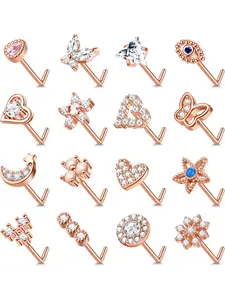 16Pcs Gold Nose Rings Studs for Women - 20G Surgical Steel Nose Ring L Shaped Nose Piercing Jewelry Hypoallergenic CZ Heart Nose Studs Silver Rose Gold