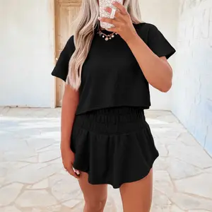 Black 2pcs Cropped Tee and Ruffle High Waist Skort Set