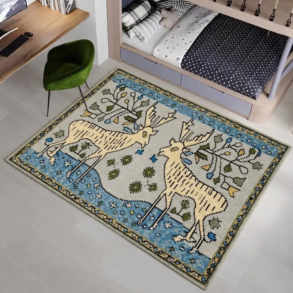 Deer Hand Knotted DOORMAT for Living Room - Vintage Style Contemporary Carpet