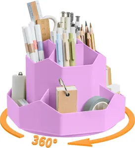 Pencil Pen Holder for Desk,9 Slots 360  Rotating Desk Organizers,Desktop Storage Stationery Supplies Organizer, Cute Pencil Cup Pot For Office, School, (Purple)