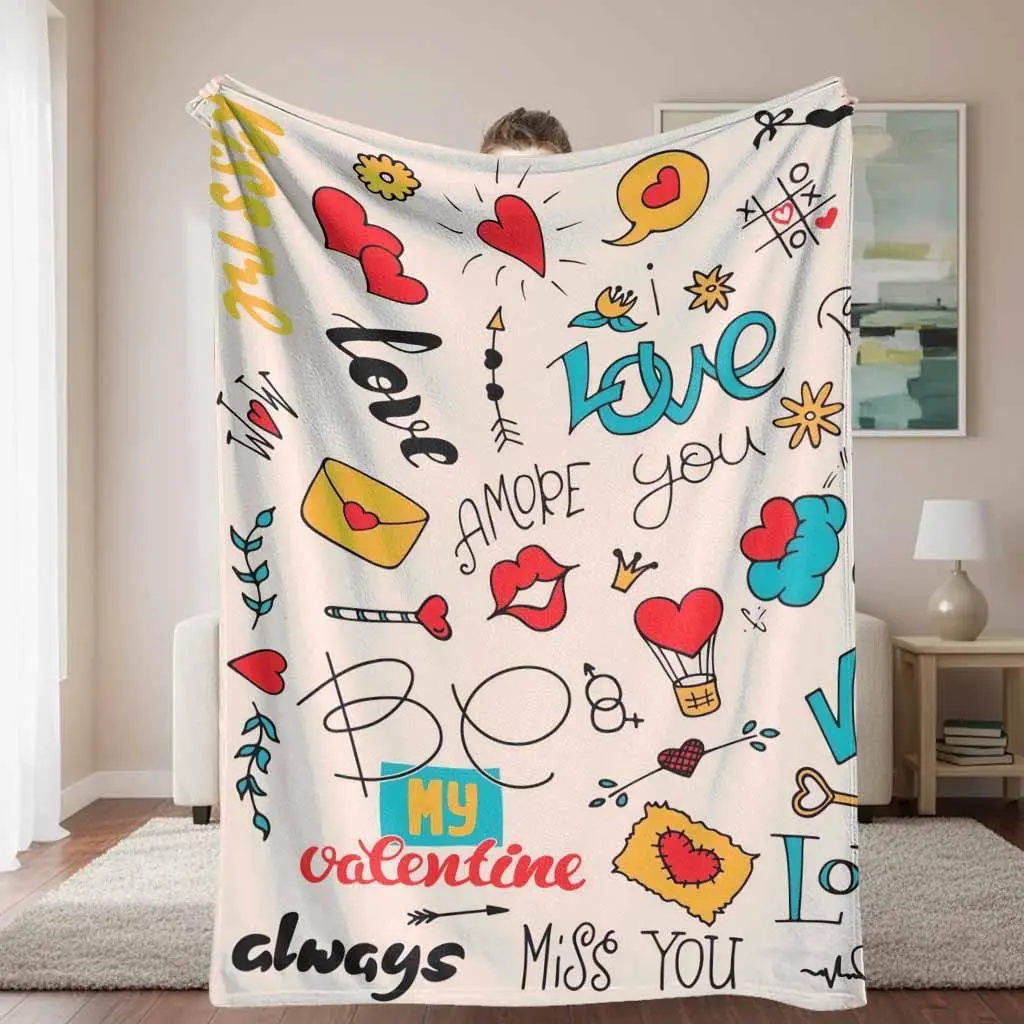 Flannel Throw Blanket - Slogan Print, Personalized Pastel Heart-Shaped Graphic Colorful Afghan Blanket with Heart, Kiss, Envelope Prints & Romantic Quote, Soft Cozy Lightweight for Bedroom Sofa, Anniversary Wedding Gift, Slogan Print Blanket, Personalized