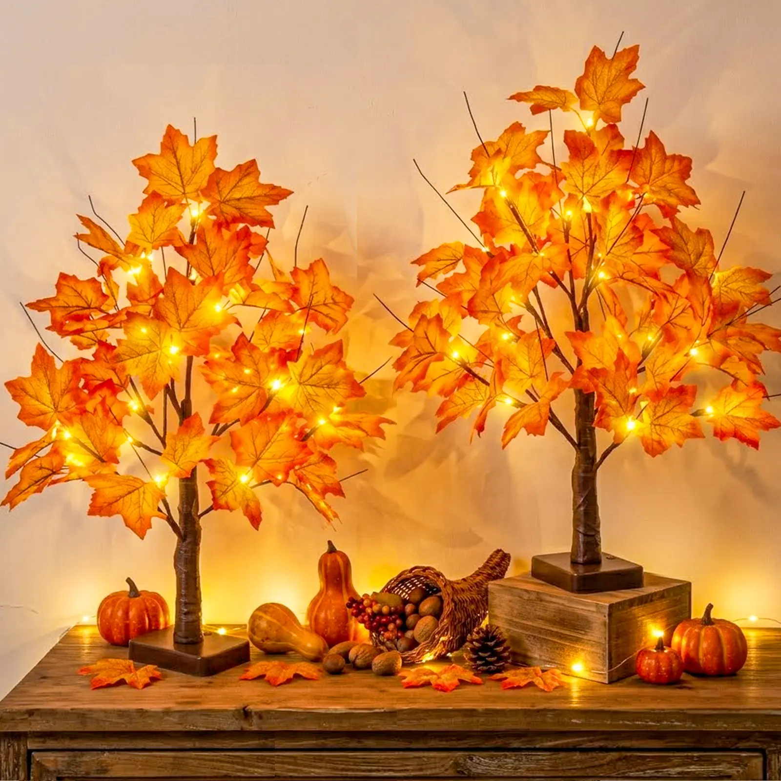 PEIDUO Fall Decorations for Home Fall Maple Tree Fall Decor Fall Trees | Lighted Artificial Trees with Lights 24LED Thanksgiving Table Battery Operated Centerpieces for Autumn Indoor Room 2Pack