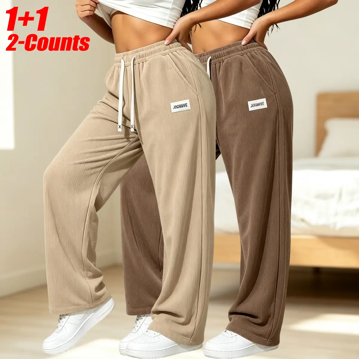 Women's Solid-Color 2-Pack Athleisure Bottoms, Adjustable Drawstring Polyester Sweatpants, Loose-Fit Trousers with Simple Look, Comfortable for Everyday Wear & Back to School