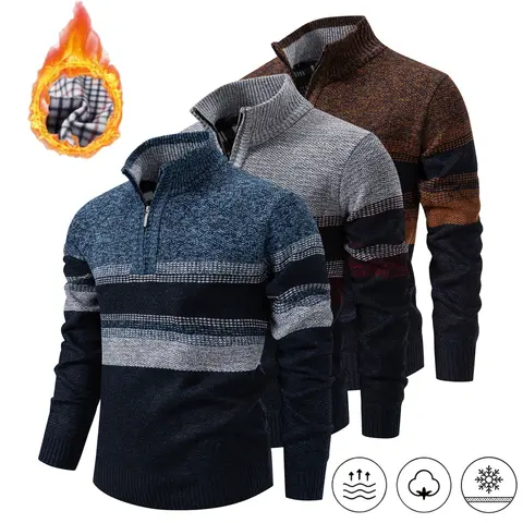 Men’s color-block striped half-zip knit sweater available in 1-, 2-, or 3-pack options. Soft, textured fabric with a stand collar and long sleeves—this casual sweater is suitable for everyday work, outdoor activities, and autumn/winter outfits.