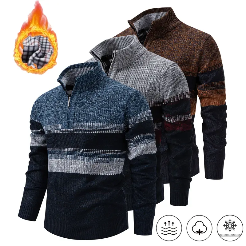 Men’s color-block striped half-zip knit sweater available in 1-, 2-, or 3-pack options. Soft, textured fabric with a stand collar and long sleeves—this casual sweater is suitable for everyday work, outdoor activities, and autumn/winter outfits.