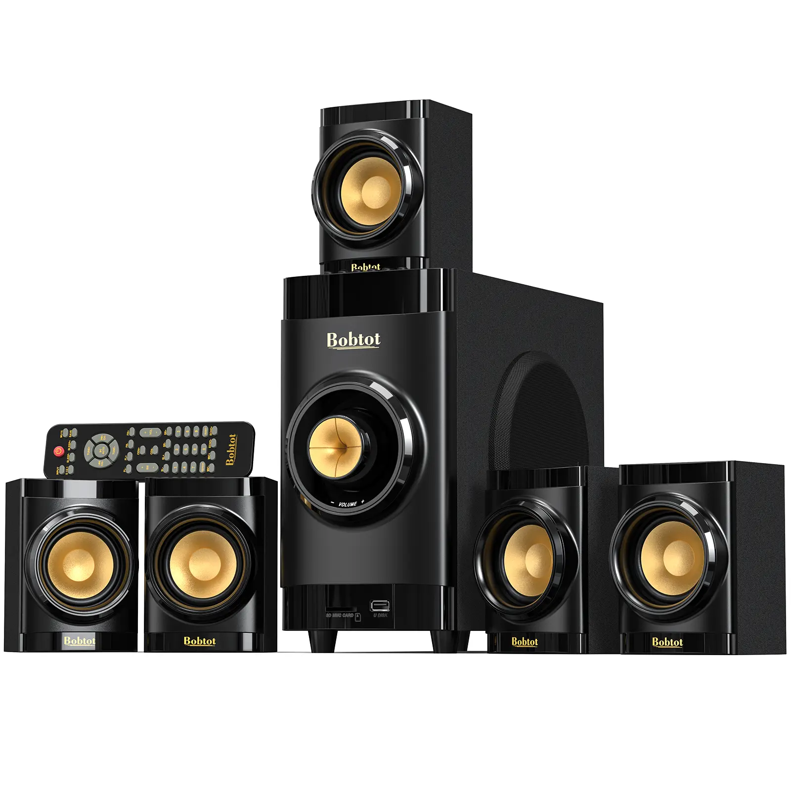 Bobtot B38 Small Subwoofer Home Cinema Sound System - 5 Wired Surround Sound Speakers, 4-in Subwoofers, 5W Amplifier, Built-in Receiver, Optical/HDMI ARC, Bluetooth Inputs for TV, Projector Audio