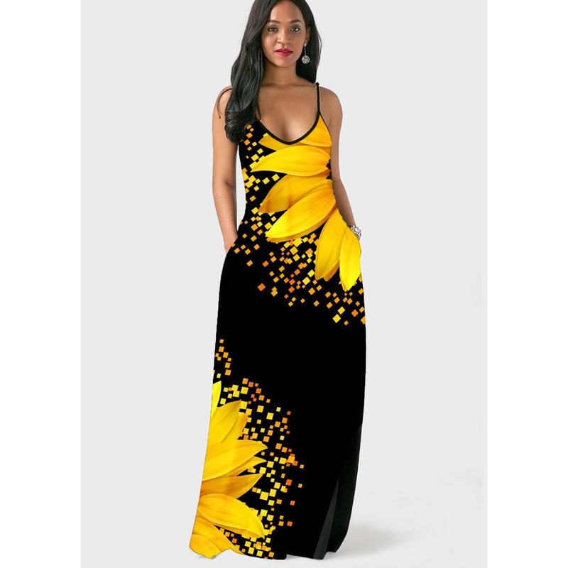Spaghetti Strap Sunflower Print Side Pocket Maxi Dress - TikTok Shop