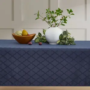 HLC.ME Modena Jacquard Fabric Lattice Tablecloth, Water, Fade, Wrinkle and Stain Resistant Table Cloth - Navy Blue, 57 W x 84 L
