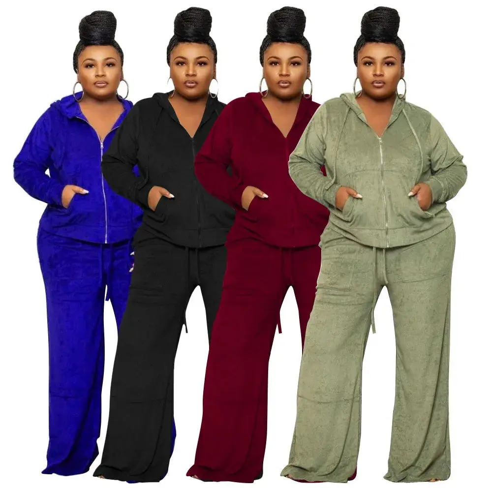 N7770 Trendy Autumn Winter Plus Size Womens Clothing Wide Leg Pants Set for Women Two Pieces Velour Hoodies And Sweat Pants Set