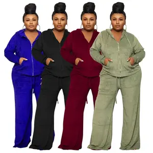 N7770 Trendy Autumn Winter Plus Size Womens Clothing Wide Leg Pants Set for Women Two Pieces Velour Hoodies And Sweat Pants Set