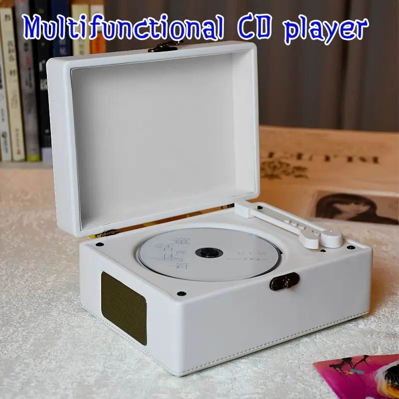 Portable leather suitcase CD player with a large built-in 3600 mAh battery, wireless Bluetooth 5.3 and USB MP3 playback, shockproof compact rechargeable disc player for travel, picnics, and indoor relaxation