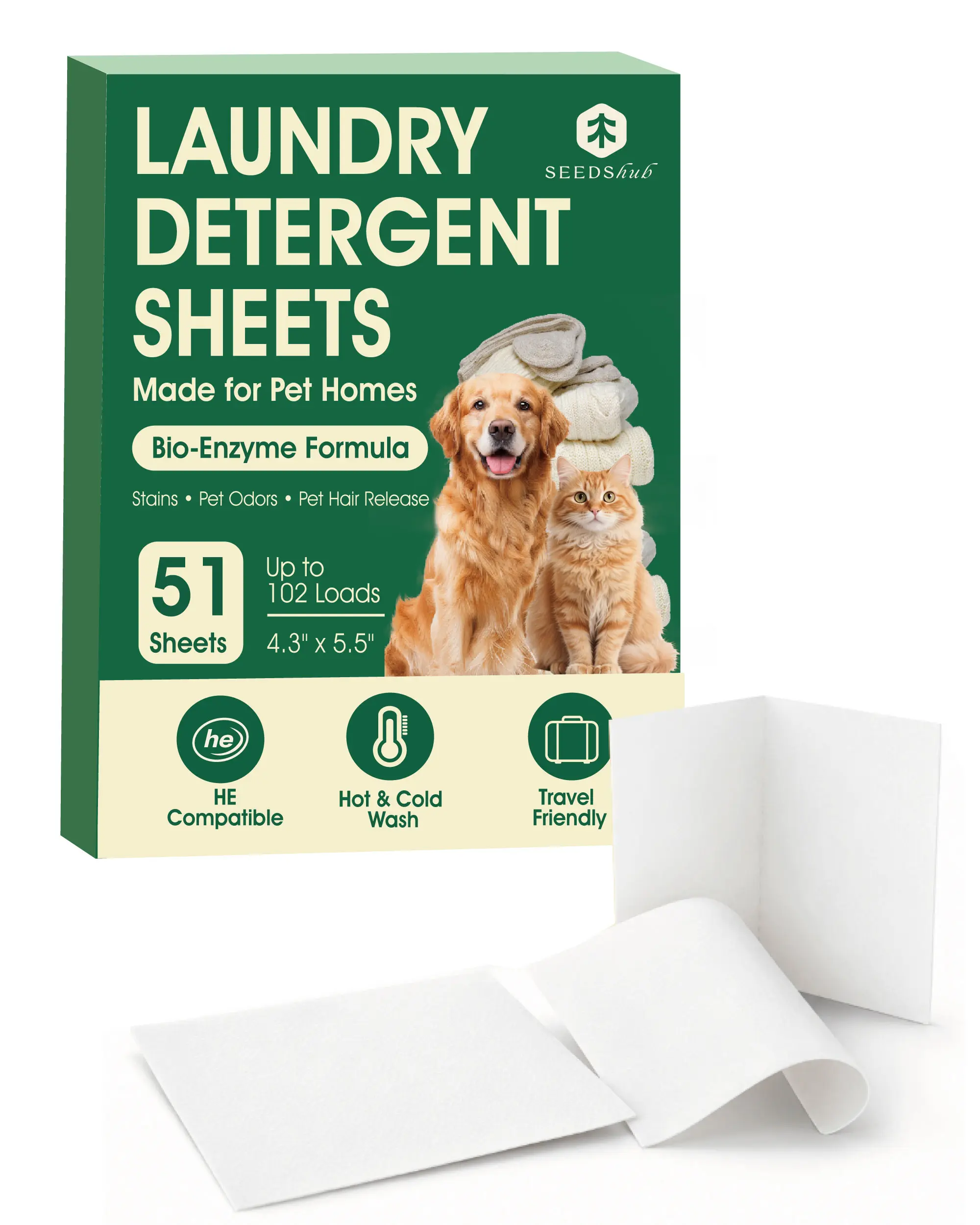 Seedshub Pet Odor Neutralizing Laundry Detergent Sheets for Pet Home, Light Cedar, 51 Loads