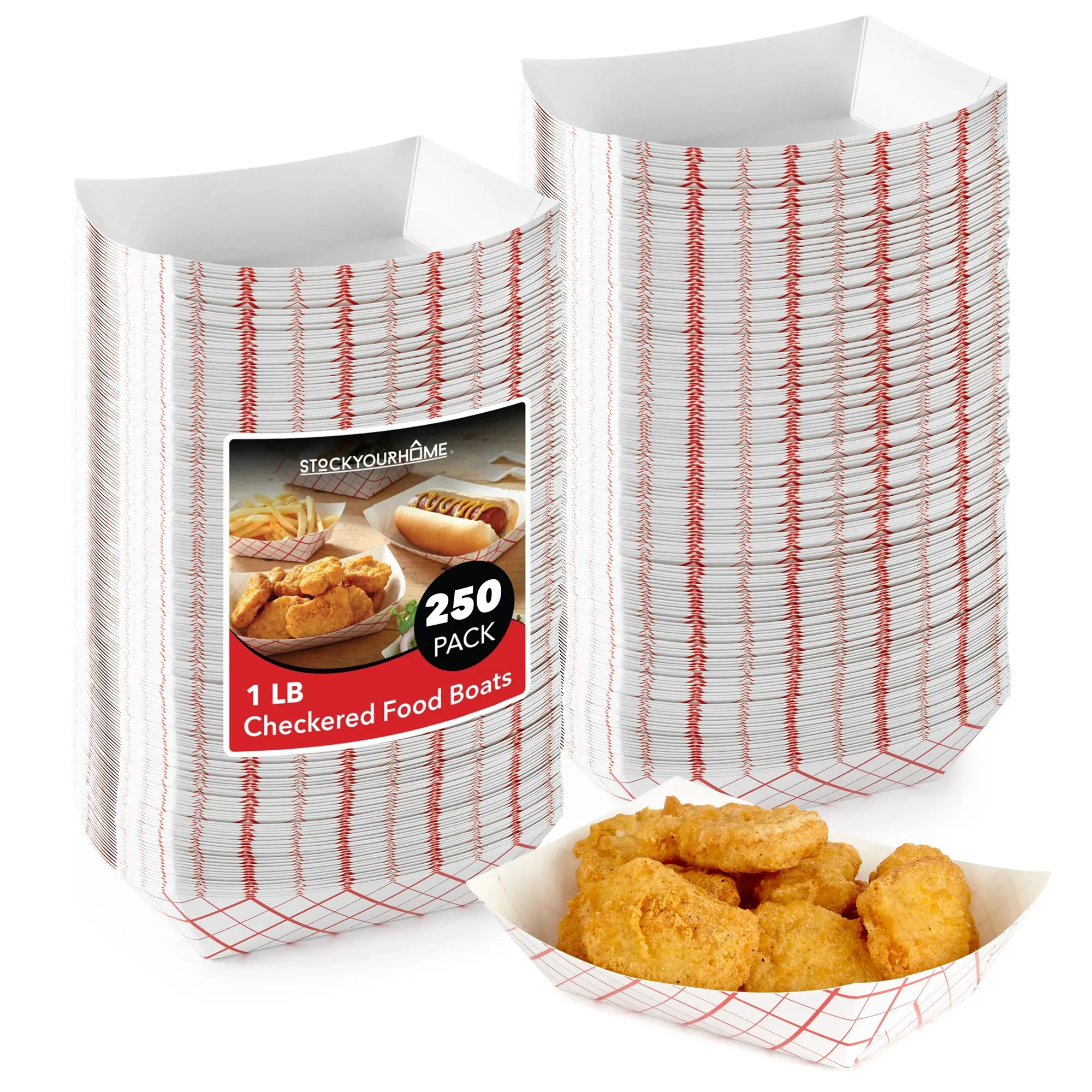 Small Paper Food Boats (250 Pack) 1 Lb Disposable Red & White Checkered Paper Food Trays, Eco Friendly Paper Food Trays, Serving Boats for Concession Food & Condiments, Paper Nacho Trays 4.25