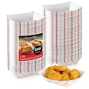 Small Paper Food Boats (250 Pack) 1 Lb Disposable Red & White Checkered Paper Food Trays, Eco Friendly Paper Food Trays, Serving Boats for Concession Food & Condiments, Paper Nacho Trays 4.25