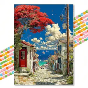 Mediterranean Beach Town Diamond Painting Kits, Round Drill 30x40cm, Fresh Healing Handmade Embroidery Art, Perfect for Seaside Home Decor