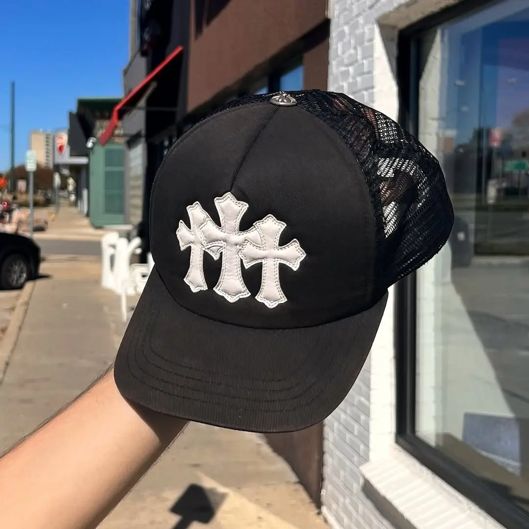 Embroidered White Cross Black Trucker Hat – Breathable Mesh Snapback Baseball Cap
