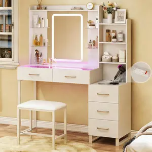 Vanity Desk with Mirror and LED Lights, 57.5" Makeup Vanity with Glass Top , Vanity with RGB Drawers, Power Outlet Safety Switch for Bedroom, White