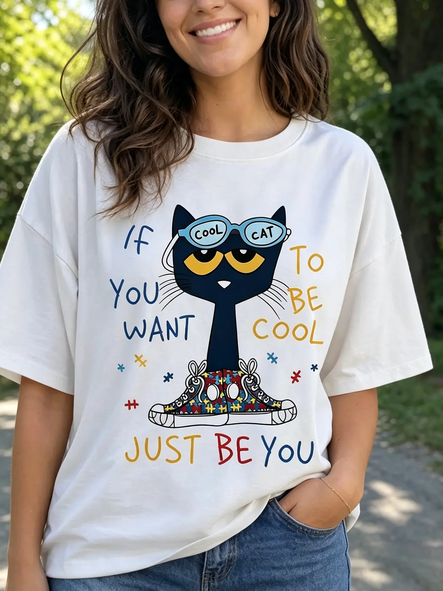 Women's Loose Unisex Autism Awareness Cool Cat Graphic T-Shirt, Lady's Plus Size Sports Top for Outdoor Activities, Tshirt