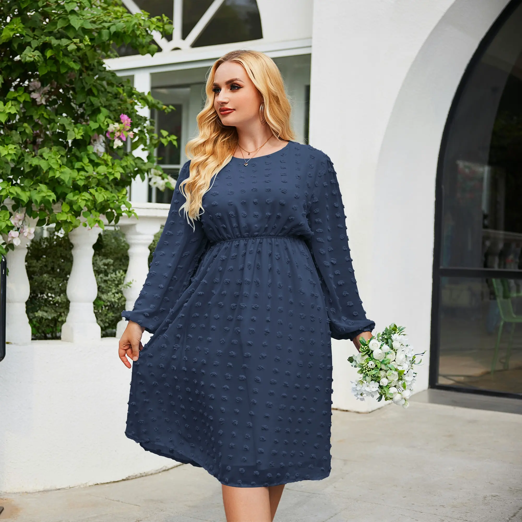 Women's Curvy Plus Size Solid Swiss Dot Chiffon Long-Sleeve Round Neck Midi Dress - Casual Wear, Flowy High Waist A-Line Ruffle Babydoll, Elastic Lantern Loose Sheer Fabric, Elegant Comfy Fit (16W-24W) - Women's Curvy Plus Size Solid Swiss Dot Chiffon Long-Sleeve Round Neck Midi Dress - Casual Wear, Flowy High Waist A-Line Ruffle Babydoll, Elastic Lantern Loose Sheer Fabric, Elegant Comfy Fit (16W-24W) -