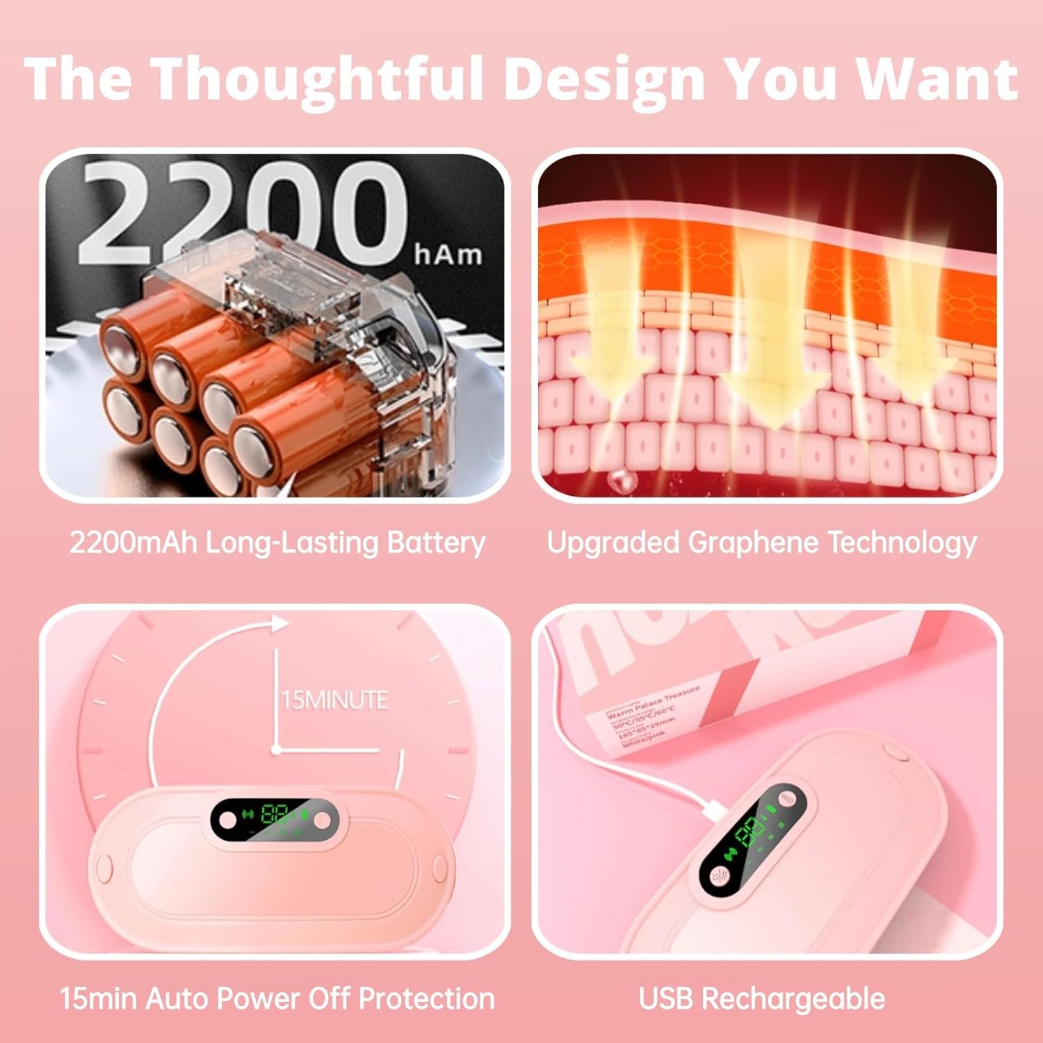 Heating Pad, Portable Cordless Fast Heated Pad, Electric Belly Wrap Belt with 3 Heat Levels & 4 Massage Modes, Menstrual Back Belly Pain Warm Gifts for Women Girls (Pink)