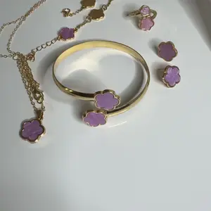 Luxury Emerald Jewelry Set, 6pcs Clover Design Bracelet Necklace Earrings Bangle Ring, Elegant Party Wear & Daily Use Accessories