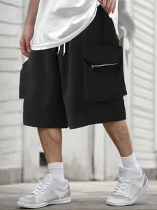 Men's Plus Size Solid Color Elastic Waist Drawstring Pocket cargo shorts, Comfortable Casual Fashion Design, Perfect Fit for Daily Wear