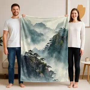 1 piece Huangshan clouds, mist, mountain peaks, and pine tree landscape themed flannel blanket - All-season comfortable blanket with modern design, suitable for sofas and beds, digitally printed pattern, flannel material, super soft and warm