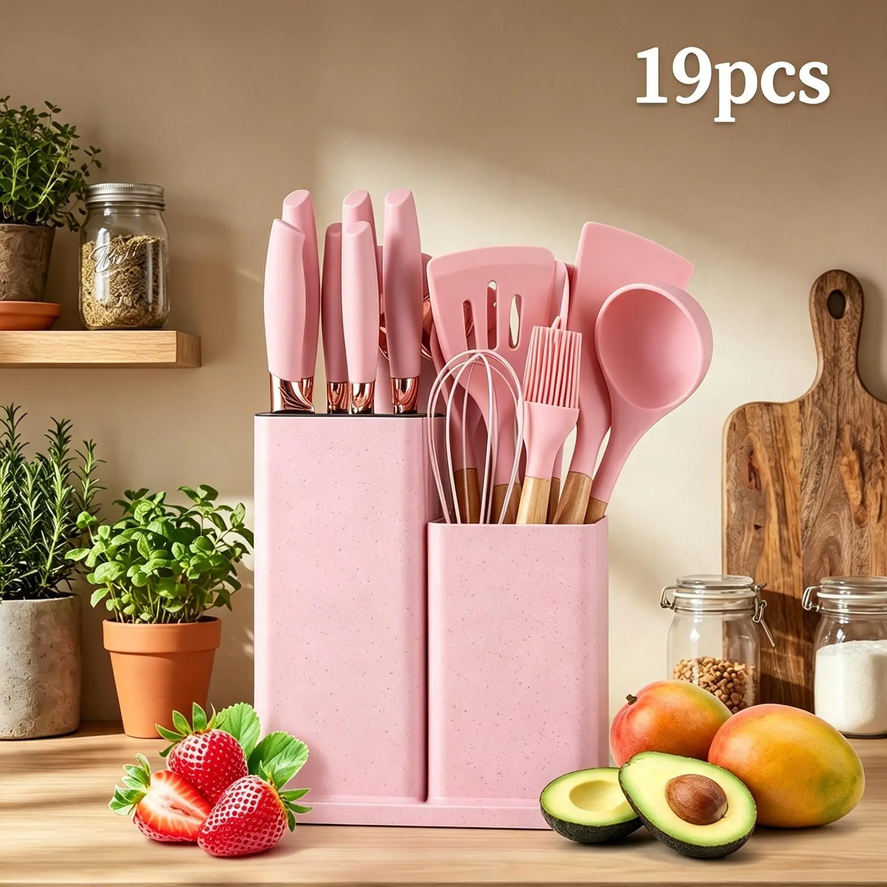 19-Piece Pink Kitchen Set with Wooden Handles & Cookware – Eco-Friendly Knives Kitchen Set with Heat-Resistant Food-Grade Silicone Cutlery, Wooden Handles, Chef Knife, Non-Stick Compatible Tools