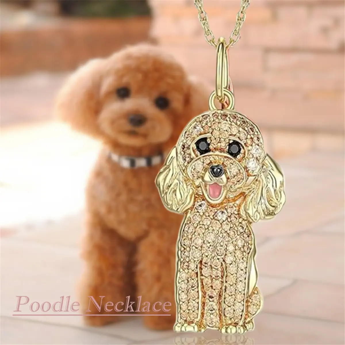1Pc Cute Golden Poodle Zinc Alloy Pendant Necklace Fashion Stainless Steel Chain Accessories Perfect Dog Lover Jewelry Gift