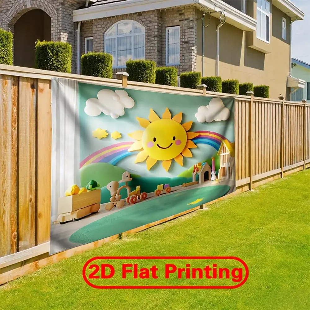1pc 2D Flat Cute Sun and Rainbow Design with Clouds - Polyester Fabric Photography Backdrop & Party Banner, Ideal for Family Celebrations, Holiday Portraits, Cake Table, and Studio Decorations, Sun Decor