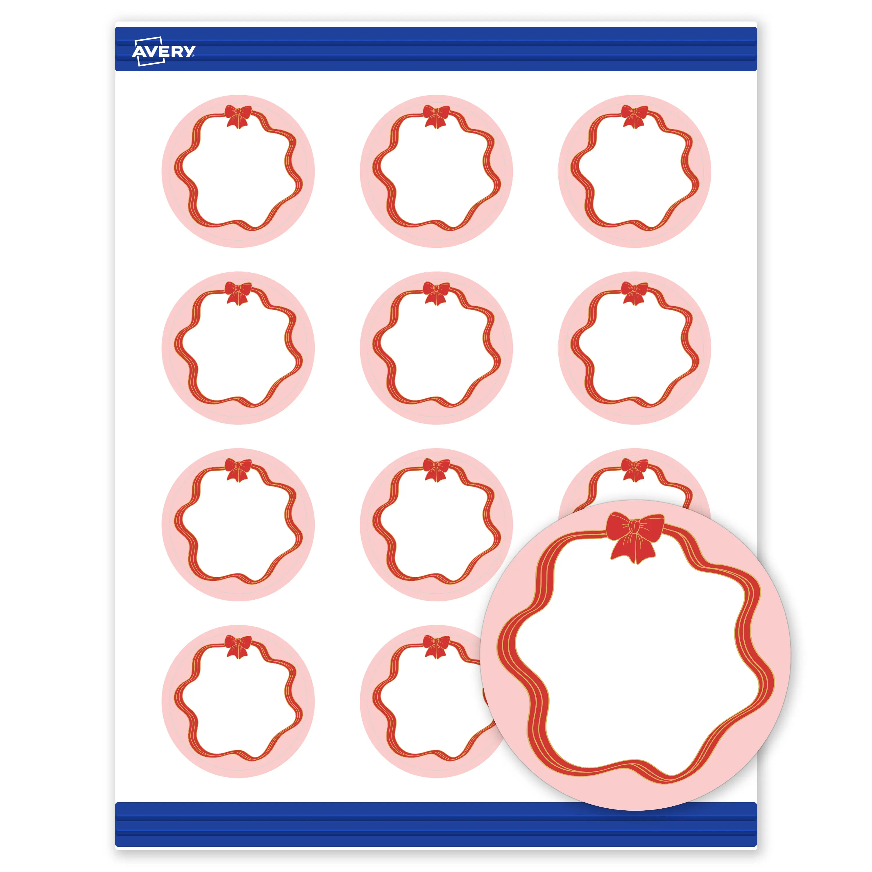 Avery® Printable Christmas Business Cards with Sure Feed® Technology, Round, 2" Diameter, Pre-Printed Pink Border with Red & Gold Bow Design, Matte White, Laser & Inkjet Compatible, 120 Total