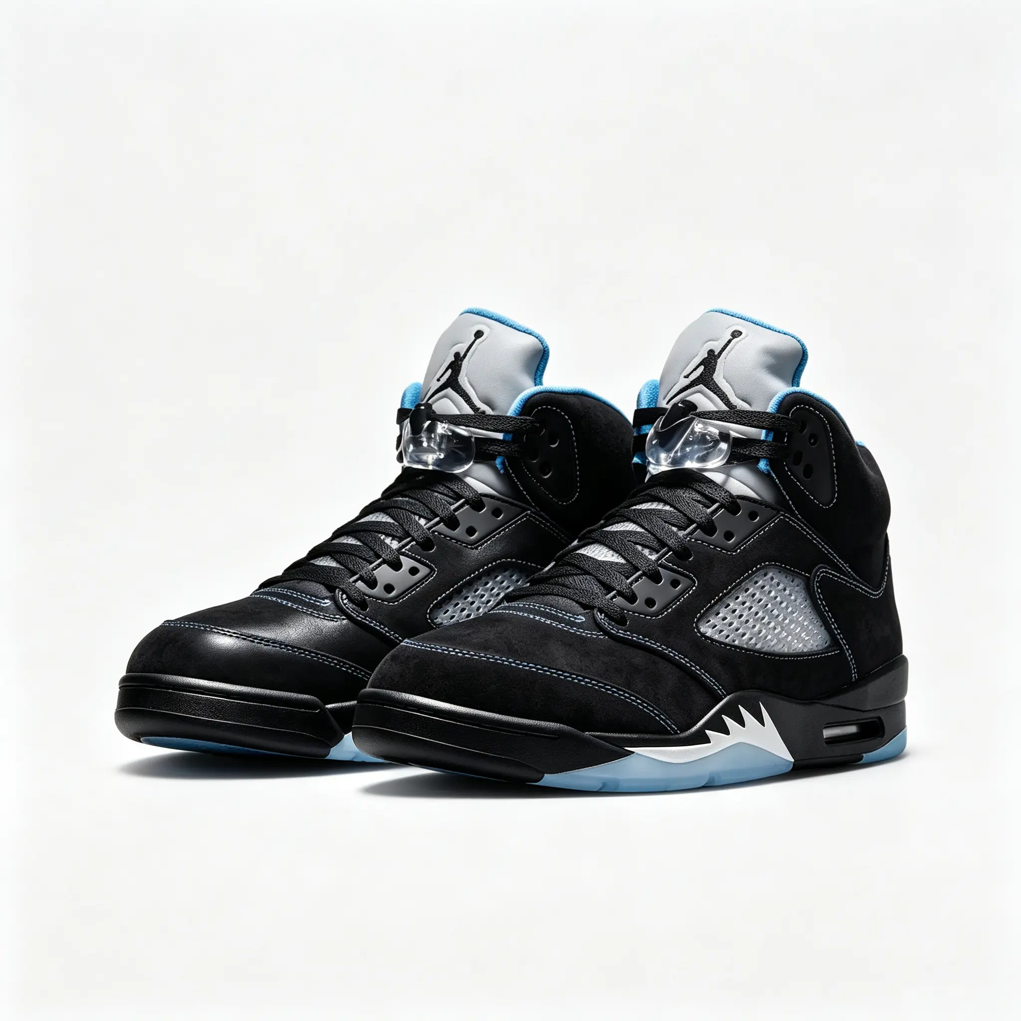 Black Suede High‑Top Retro Basketball Sneakers Light Blue Inner Lining Mesh Side Windows Translucent Light Blue Outsole Cushioned Midsole Lace‑Up Classic Street‑Style Casual Shoes For Daily Matching Streetwear Outdoor Activities
