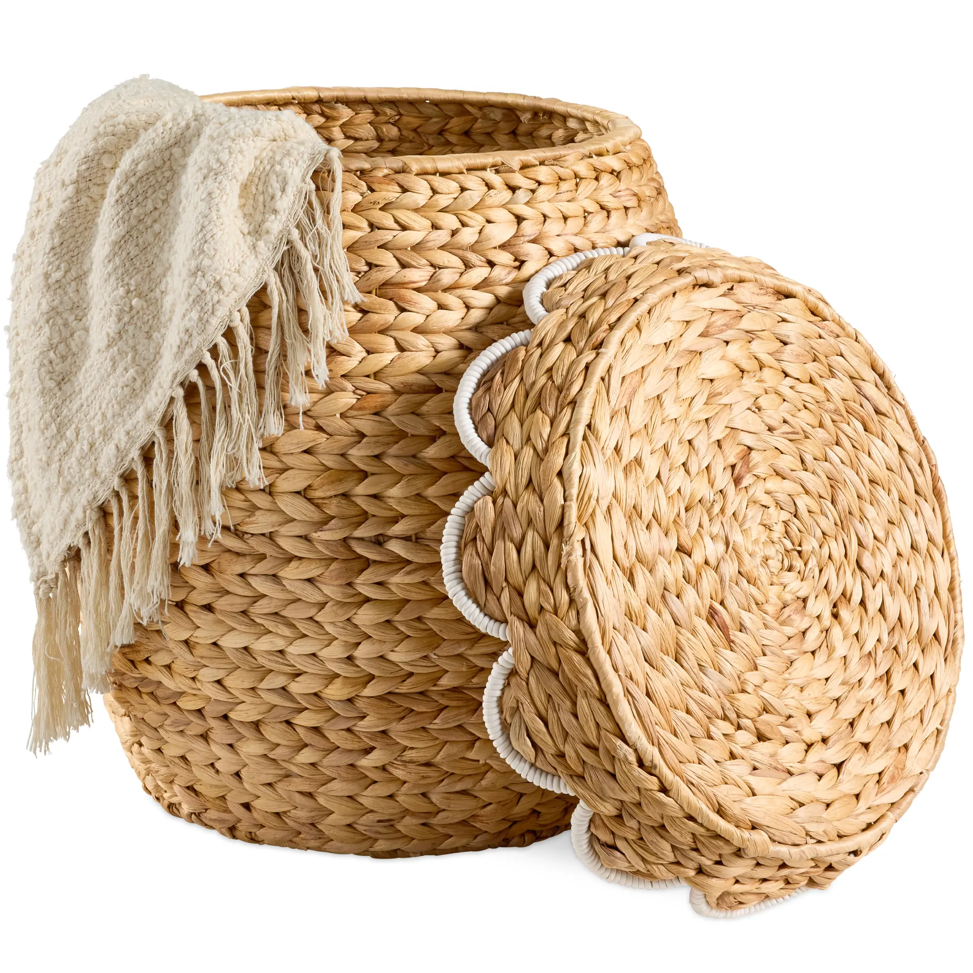 Best Choice Products Scalloped Water Hyacinth Storage Tote Basket with Lid