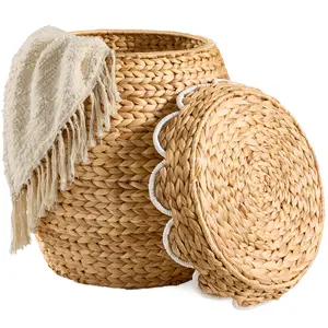 Best Choice Products Scalloped Water Hyacinth Storage Tote Basket with Lid