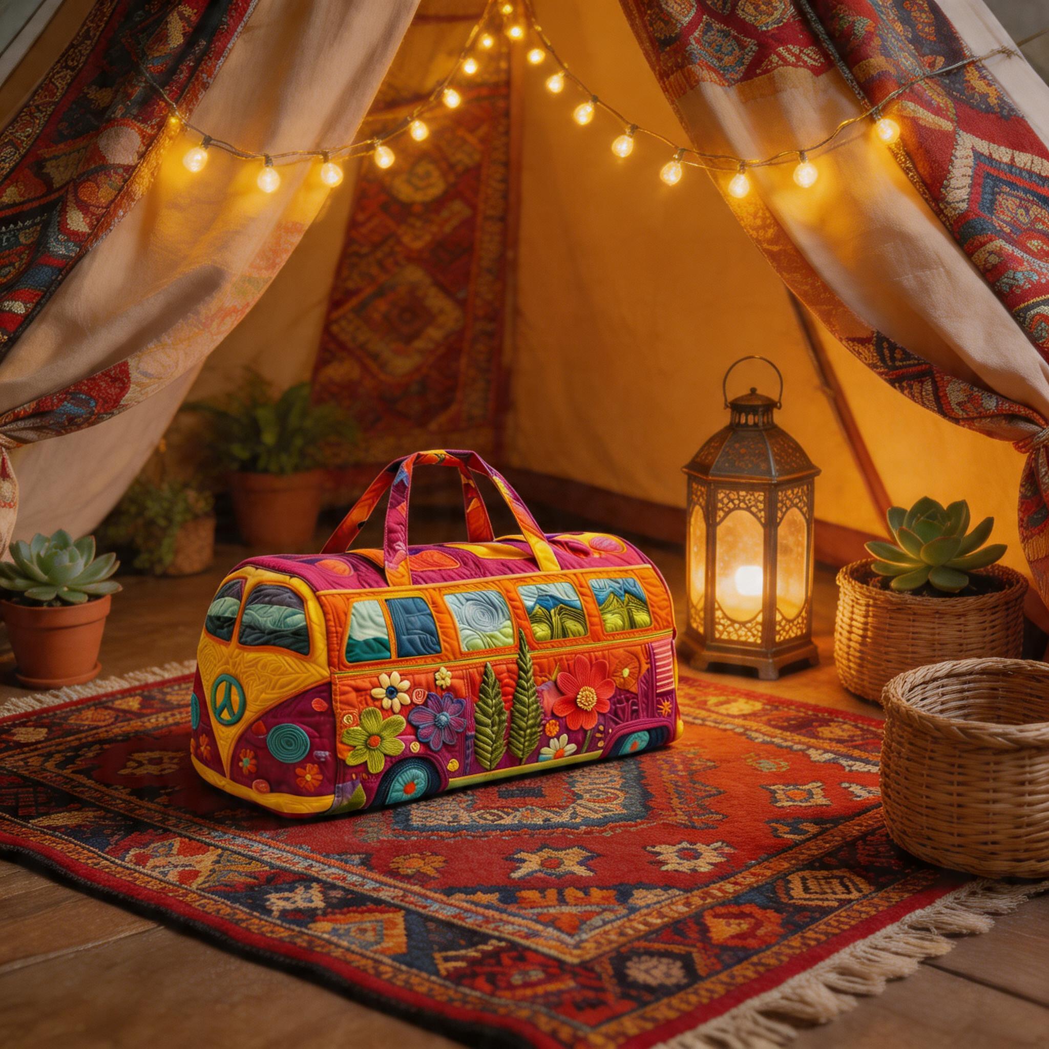 Retro style hippie bus quilted travel bag - Bohemian, high-definition printed bus bag with colorful floral patterns, weekend luggage bag, large capacity fitness bag