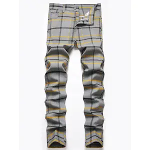 Men's Stretch Slim Fit Flat-Front Casual Skinny Chinos Plaid Dress Pants