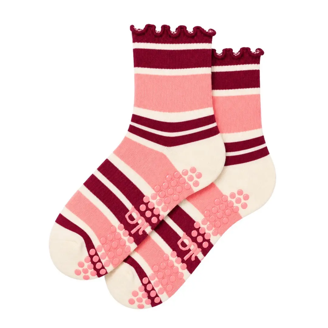 Pink and Burgundy Striped Grip Sock with pink grips for Pilates, Barre, Lagree, and Yoga
