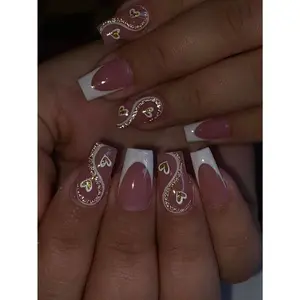 24pcs Minimalist Style French Short Coffin Shaped Heart Glitter White Rim False Nail Tips