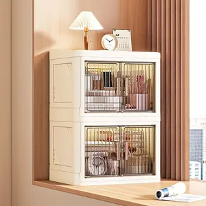 Portable Foldable Plastic Clear Storage Box, Collapsible Stackable Storage, Transparent Dual Door Design, Multi-Functional Organizer for Bathroom Kitchen Office