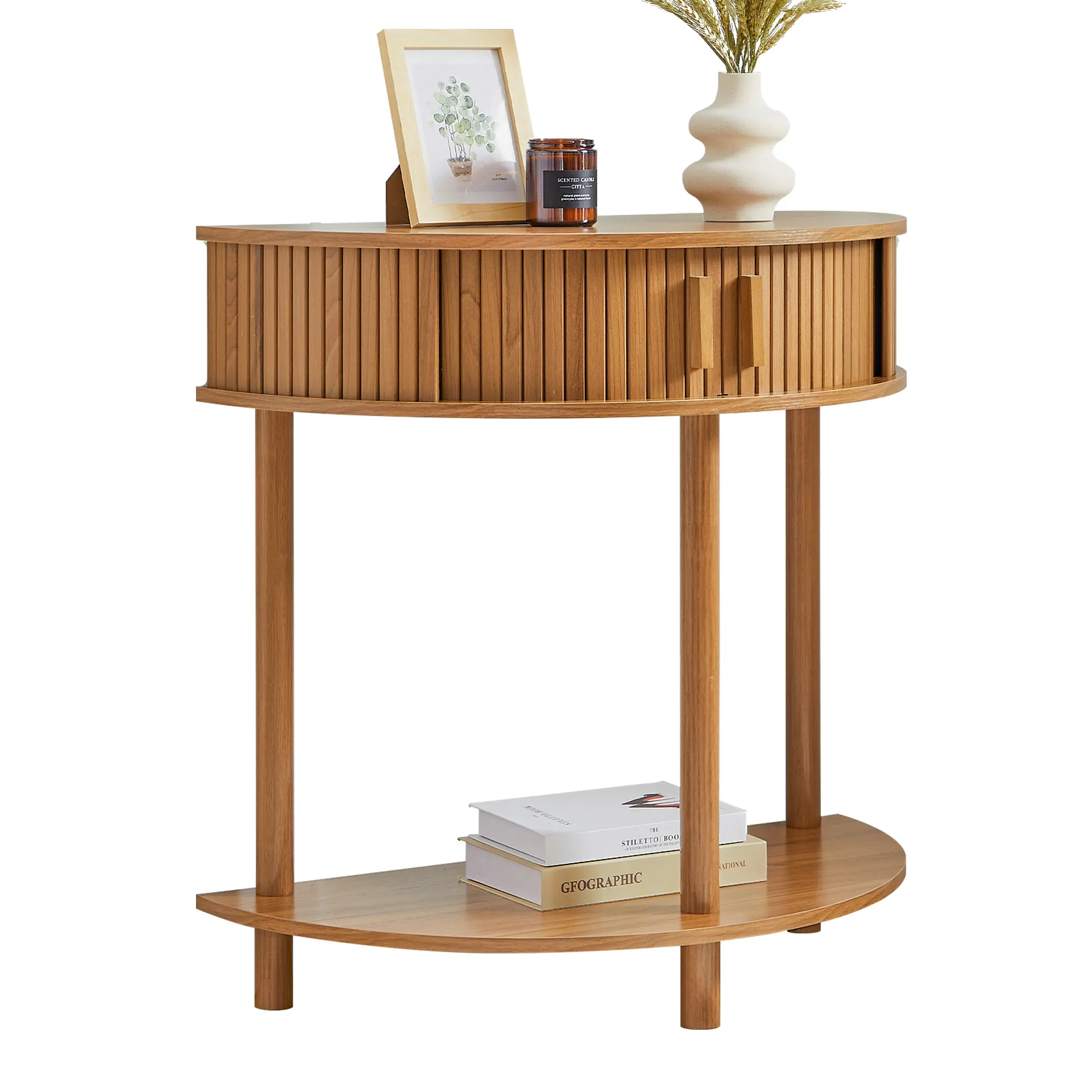 FurSch Mid-Century Modern Entryway Table with Storage, Half-Moon Grooved Console Table, Small Curved Accent Table for Hallway or Living Room