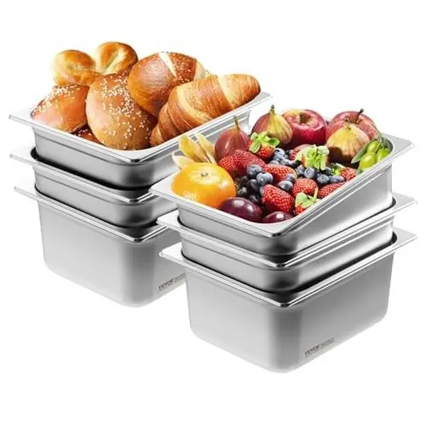 VEVOR 6 Pack Hotel Pans, 1/2 Size Anti-Jam Steam Pan, 0.8mm Thick Stainless Steel Restaurant Steam Table Pan, 6-Inch Deep Commercial Table Pan, Catering Storage Food Pan, for Industrial Scientific