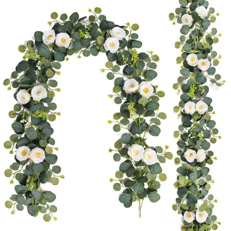 2 Pack Eucalyptus Flower Wreath Garland with Roses, 5.74 Feet Artificial Leaf Floral Vine Decor Decorative Faux Flower Artificial Flowers Faux Floral Arrangements for Party Wedding Table Indoor Outdoor Background Wall Decoration