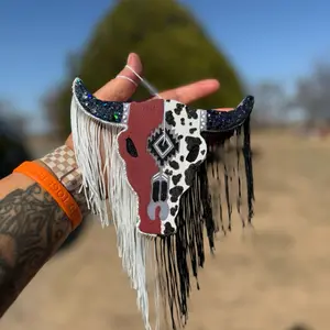 Maroon Cow Print Bull Skull Freshie with Glitter Accents and Fringe Detail for Western Fashion