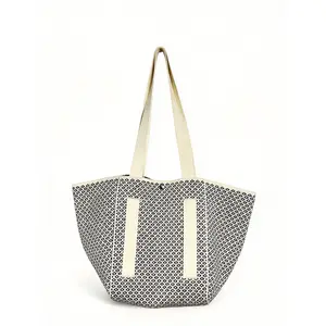 Women's 2-in-1 Floral Knit Tote & Pouch Set - Jacquard Woven Athletic Handbag, Cream & Black, Outdoor Use