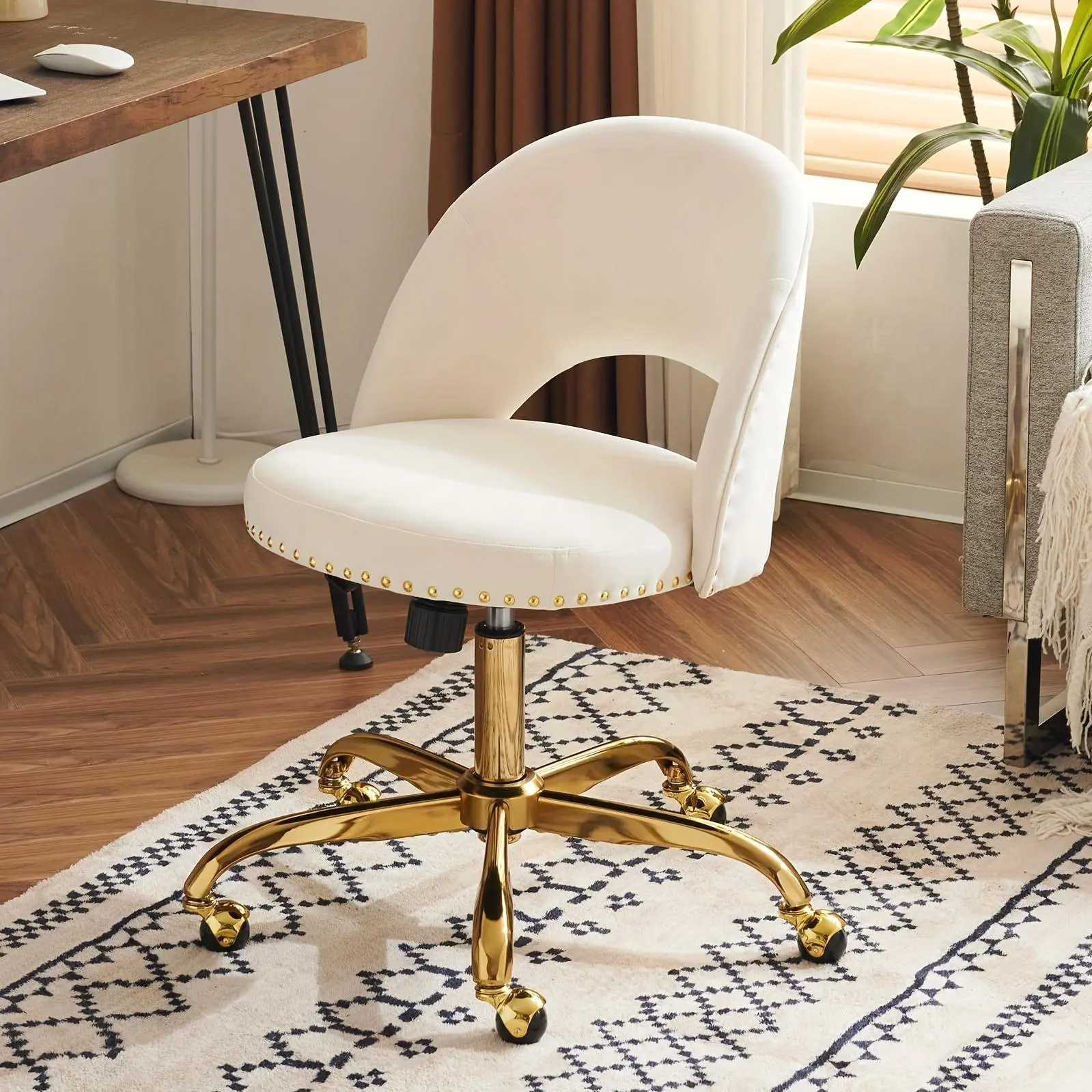 Bonnlo Modern Velvet Office Chair, Cute Comfy Armless Swivel Desk Chair With Golden Base And Wheels, Vanity Task Chair For Bedroom
