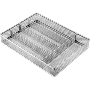 Drawer Organizer Cutlery Tray Silverware Flatware Storage Divider for Kitchen, Mesh Wire with Non-slip Foam Feet, 5 Compartments, Silver