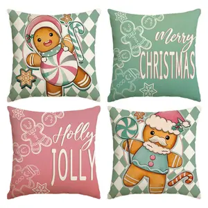 4pcs Christmas Pillow Cover 18x18 inches, Cute Gingerbread Man, Candy, Snowflake, Grid Printed Decorative Sofa Cushion Cover, Winter Festival New Year Christmas Decoration Room Living Room Sofa Bedroom Car Seat Pillow Cover (No Pillow Core)