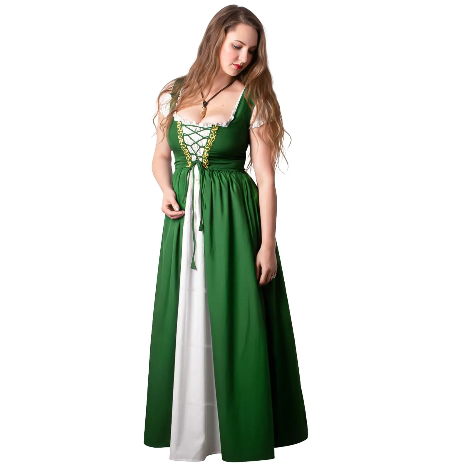 Women's Medieval Clothes, Renaissance Irish Overdress with Golden Celtic Embroidery, 2-Piece Adjustable Costume Gown with Chemise for LARP & Ren Faire