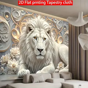 White Lion Tapestry Regal Lion Backdrop Floral Royal Theme Wall Hanging Photography Background Luxury Decor for Living Room Bedroom Indoor Outdoor Home Decoration